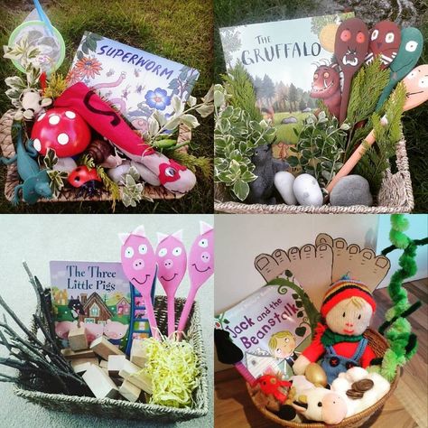 Storybook Baskets, Story Baskets, Treasure Basket, Old Baskets, Book Baskets, Jack And The Beanstalk, Three Little Pigs, Dramatic Play, Little Pigs