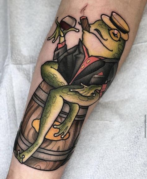 A frog gentleman sitting on a drum Lower Leg Tattoos, Frog Sitting, Frog Tattoos, Frog Design, Neo Traditional, Half Sleeve Tattoo, Tattoos With Meaning, Showcase Design, Traditional Tattoo