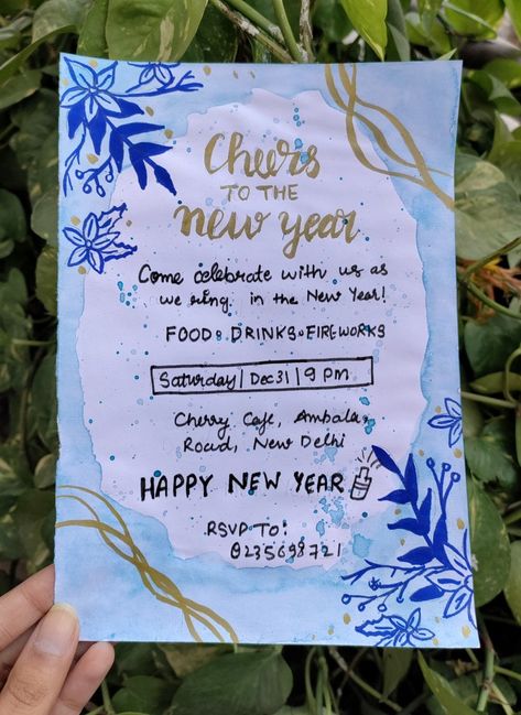 Handmade watercolor New year invitation Freshers Party Invitation Card Handmade, Happy New Year Greetings Card Handmade, Freshers Invitation, Happy New Year Cards Handmade, Farewell Invitation Card, Assignment Design, New Year Cards Handmade, Farewell Invitation, Handmade Invitation Cards