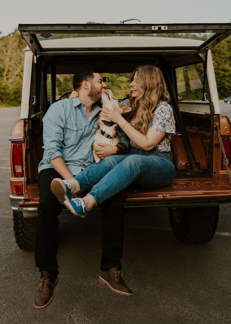 Green Lakes State Park Engagement Shoot, Outdoor Photo Session, Earthy Tones, Dog Photo Shoot, Engagement Shoot With Pet, Fun Couple Photo Shoot Ideas, Engagement Photographer, Rochester NY Wedding and Couples Photographer, Emily Watkins Photography, Engagement Photo Shoot Outfits, Natural Colored Outfit Ideas, Poses With Pets, Vintage Styled Shoot, Old School Car Photo Shoot, Bed Of The Truck Photo Shoot Ideas Poses With Pets, Couple Photo Shoot Ideas, Car Photo Shoot, Engagement Photo Shoot Outfits, Dog Photo Shoot, Photo Shoot Outfits, Park Engagement Shoot, Truck Photo, Wedding Fotos