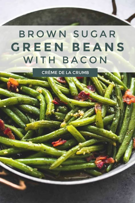 This recipe for Brown Sugar Green Beans with Bacon is so good it turns veggie haters into hard-core green bean lovers. It only takes 20 minutes to get these delicious green beans on the table and trust me, the combination of sweet brown sugar and savory bacon absolutely turns this simple side dish in to the star of the meal. Snipped Green Beans Recipe, Bacon Brown Sugar Green Beans, Sweet Bacon Green Beans, Green Bean Recipes With Bacon, Sweet Green Bean Recipes, Brown Sugar Green Beans Bacon, Fancy Green Beans, Brown Sugar Green Beans, Sweet Green Beans