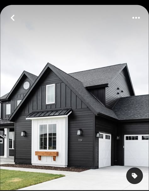 Siding Ideas Exterior Black, Charcoal House White Trim, Black House White Trim Wood Accents, Charcoal And White Exterior House, Black Brick And Siding Exterior, Homes With Black Siding, Dark Farmhouse Exterior Paint Colors, Black Vinyl Siding House, Matte Black Exterior House