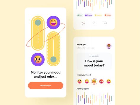 Mood Monitoring by Raju Husen ✪ for Rinex on Dribbble Study Tracker App, Mindfulness App Design, Mood Tracker App Design, Bullet Journal App, Fitness Tracker App, Filters App, Ux Mobile, Meditation Apps, Mood Tracker