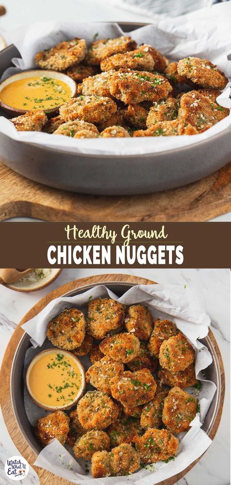 These super delicious homemade ground chicken nuggets are so tempting – crispy outside and tender inside. Make them in the oven or Air Fryer for healthy appetizers or snacks or to serve as a side. These are way better than restaurant ones. Ground Chicken Nuggets Recipe, Ground Chicken Nuggets, Homemade Ground Chicken, Healthy Ground Chicken, Healthy Chicken Nuggets, Chicken Nuggets Recipe, Roasted Vegetable Pasta, Chicken Nugget Recipes, Nuggets Recipe