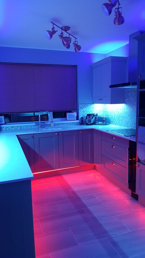 14.4W RGBW LED Tape used to create colour changing lighting in this domestic kitchen project.  #LED #LEDLighting #Kitchen #InteriorDesign #KitchenIdeas #Lighting Home Decor Led Lights, Led Kitchen Ideas, Modern Led Kitchen, Led Light Home, Led Lights In House, Kitchen Ideas With Led Lights, Kitchen Ideas Led Light, Led Lights Kitchen Aesthetic, Led Lights Behind Furniture