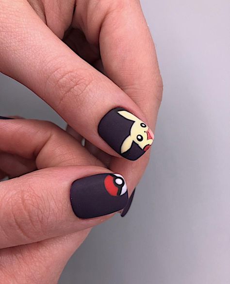 Pokemon Nail Art Easy, Nail Designs Pokemon, Easy Character Nails, Short Character Nails, Pokemon Inspired Nails, Pokemon Nails Acrylic, Eevee Nails, Pokemon Nails Designs, Pikachu Nail Art