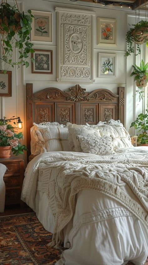 Spanish Bed Frame, Spanish Style Beds, Vintage Wooden Headboard, Wooden Bed Frame Vintage, Picture Frames Over Headboard, Large Wood Headboard, Windows As Headboard, Vintage Bed Frame Ideas, Bedroom Antique Decor