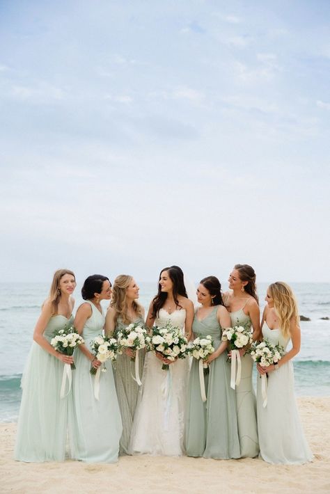 Who doesn't love a beach wedding, especially when it's at the uber romantic Cabo Surf Hotel in Cabo San Lucas in Mexico. The bride chose a beachy color palette with shades of gold and mint mixed with a dash of wine country romance. Glam Beach Wedding, Cabo Beach, Beach Wedding Bridesmaid Dresses, Beach Bridesmaids, Rustic Beach Wedding, Beach Wedding Bridesmaids, Beach Wedding Colors, Beach Bridesmaid Dresses, Sage Green Bridesmaid Dress