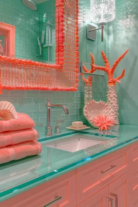 29 Coastal Bathroom Ideas to Inspire Your Next Remodel Coral Teal Bathroom, Aquatic Bathroom, Branch Light Fixture, Coastal Bathroom Ideas, Coral Bathroom, Branch Light, Coastal Bathroom Design, Magical Bedroom, Underwater Beauty