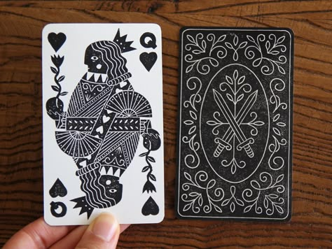 Linocut Playing Cards, Illustrated Playing Cards, Playing Card Back Design, Playing Cards Illustration, Queen Of Hearts Card, Game Card Design, Playing Cards Art, Lino Art, Playing Cards Design