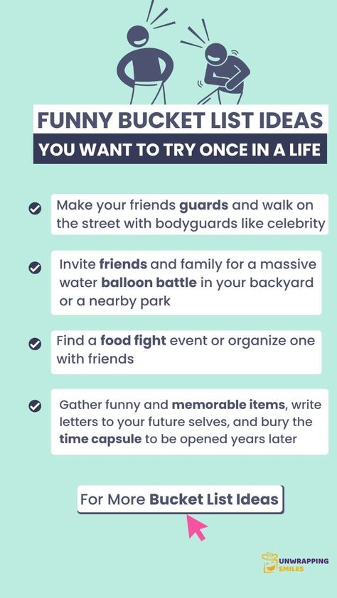 Ready to tickle your funny bone? Dive into our collection of funny bucket list ideas that promise a good laugh and unforgettable experiences. From hilarious summer adventures to weird and crazy challenges, these funny bucket list quotes and names will inspire you to add a dash of humor to your life. Whether you're a teen or just young at heart, our funny bucket list ideas for teens and adults are perfect for everyone! #FunnyBucketList #HilariousIdeas #SummerBucketList #BucketListForTeens #CrazyBucketList

Click to discover more and follow us for a daily dose of fun!💕#LoveStory #RomanticEncounters #HeartfeltConnections #DateNightIdeas #SoulmateSearch #FlirtyFridays #CandlelitDinners #StarryEyedMoments #LoveQuotes #DreamyDates #WhisperedPromises #AmourAdventures Funny Bucket List Ideas, Bucket List Ideas For Teens, Funny Bucket List, Crazy Challenges, Crazy Bucket List, Bucket List Quotes, Bucket List For Teens, Bucket List Journal, Bucket List Ideas
