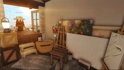 Bloxburg Area Ideas, Bloxburg Cluttered House, Kitchen Decor Bloxburg, Art Room Bloxburg, Bloxburg Fall Living Room, Bloxburg Art Studio, Bloxburg Art Room, Bloxburg Space Fillers, Autumn Bloxburg