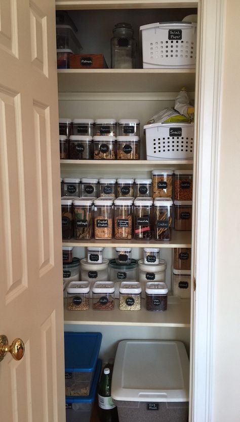 finished organized kitchen pantry using clear containers and chalkboard labels Clear Pantry Containers, Chalk Labels For Pantry, Organize Deep Pantry Cabinet With Containers, Chalkboard Pantry Labels, Pantry Floor, Functional Pantry, Pantry Organization Clear Bins, Box Of Cookies, Pantry Plans