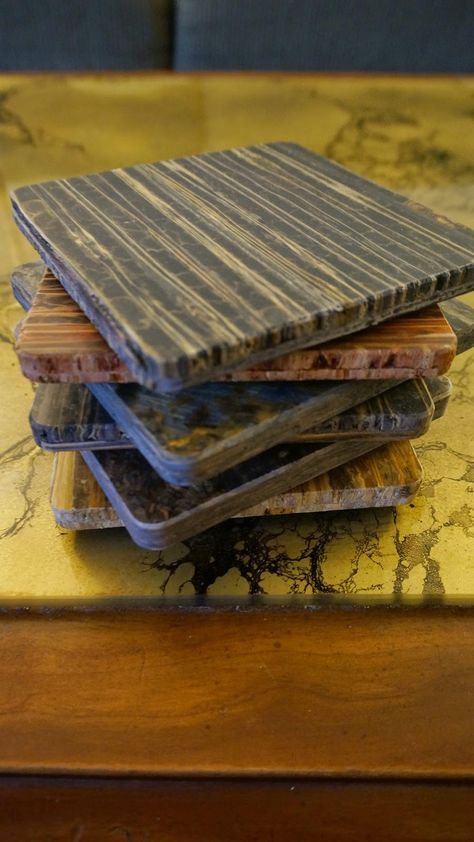 Super Easy Drink Coasters Made With Floor Samples! Flooring Sample Crafts, Scrap Wood Coasters Diy, Homemade Coasters Wood, Mini Pallet Coasters Diy, Making Coasters From Tiles Book, Diy Wood Coasters, Simple Drinks, Samples Diy, Mini Pallet Coasters