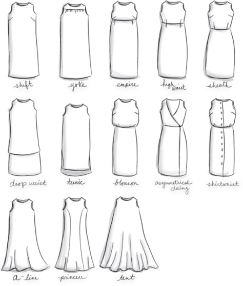 And an A-line from a little shift dress. | 41 Life-Changing Style Charts Every Woman Needs Right Now Tips Menjahit, Different Types Of Dresses, Style Chart, Mode Tips, Inspiring Photography, Fashion Vocabulary, Dress Shapes, Maxi Skirts, Types Of Dresses