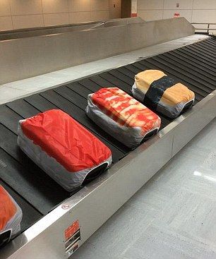 These sushi-inspired bag covers were spotted at one airport Conveyor Belt Sushi, Dark Vador, Suitcase Cover, Baggage Claim, Conveyor Belt, Waiting Area, Beastie Boys, Luggage Cover, Tony Stark