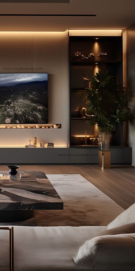 The living room features a high-definition TV mounted on a textured marble wall, creating a TV-centric design. Cozy House Bedroom, Rug Tattoo, Light Aesthetic Room Decor, Luxury Tv Wall, Cozy Fall Home, Tv Feature Wall, Brick Living Room, House Bedroom Ideas, Living Room Decor Lights