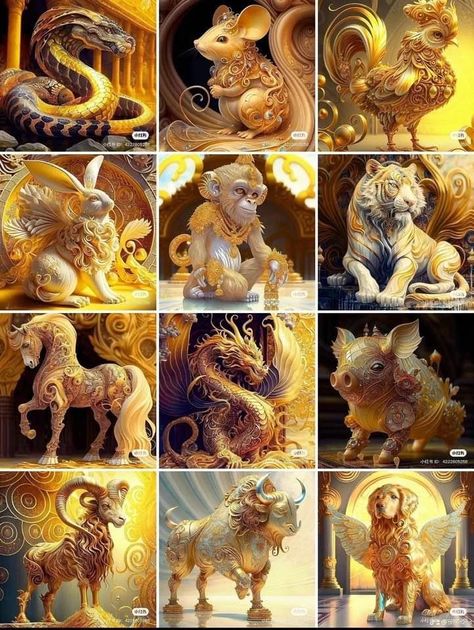 12 Zodiac Animals, Initial Canvas, Android Art, Golden Art, Acrylic Decor, Lion Art, Zodiac Art, China Art, Chinese Zodiac