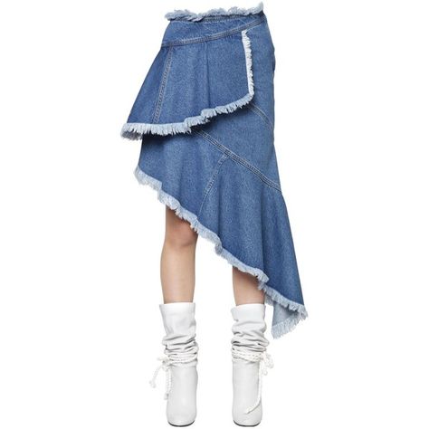 Philosophy Di Lorenzo Serafini Women Asymmetrical Frayed Cotton Denim... (4.358.030 IDR) ❤ liked on Polyvore featuring skirts, blue, asymmetrical skirt, high waisted knee length skirt, blue skirt, high-waist skirt and blue high waisted skirt Denim Asymmetrical Skirt, Vestiti In Jeans, Ropa Upcycling, Rok Mini, Ladies Denim, Asymmetric Skirt, Denim Outfits, Denim Ideas, Denim Skirt Women