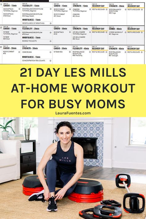 21-day at home workout for busy moms with Les Mills! #homeworkout #fitness #motherhood #sponsored Busy Mom Workout Plan, Busy Mom Workout Schedule, Mom Workout Schedule, Les Mills Workout, Mom Workout Plan, Body Pump Workout, Les Mills Body Pump, 21 Day Workout, Beginner Workout Schedule