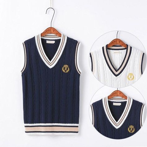 Uniform Sweater, College Uniform, Blue Vest, Blue Vests, Knitted Vest, Japanese Cotton, Hottest Fashion Trends, Vest Outfits, Girls Sweaters