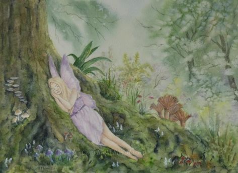 Sleeping Fairy Drawing, Sleeping Fairy, Fae Art, Fairy Drawings, Illustration Nature, Nature Forest, Paper Artwork, Whimsical Illustration, Magic Art