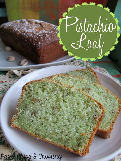 Pistachio Loaf - starts with a cake mix,how easy! Pistachio Loaf, Pistachio Bread, Pistachio Pudding, Green Cake, Monkey Bread, Bundt Pan, Loaf Cake, Dessert Bread, Yummy Sweets