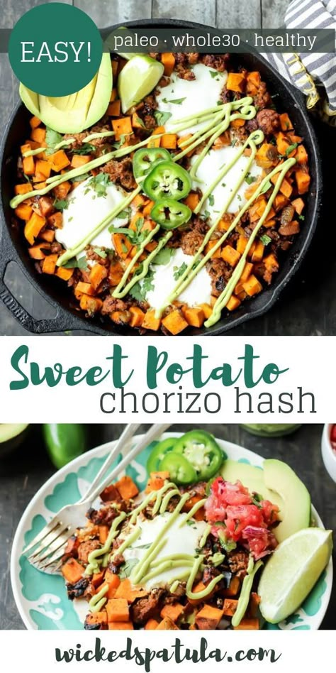 Sweet Potato Chorizo, Easy Paleo Breakfast, Potato Chorizo, Easy Paleo Dinner, Chorizo Hash, Sweet Potato Hash Recipe, Easy Paleo Dinner Recipes, Eggs And Sweet Potato, Eggs And Avocado