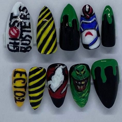 Halloween Ghostbuster Nails Ghostbuster Nails, Ghostbusters Nails, Tips With Gel Polish, Ghostbuster Halloween Costume, Ghostbuster Halloween, Nails Short Stiletto, Ghostbusters Halloween, Stiletto Press On Nails, Short Stiletto