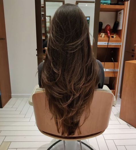 Face Framing With Layers Long Hair, Waist Length Brown Hair, Very Long Hair Haircut, Brunette Long Layered Hair, Very Long Hair Layers, Long Layers Long Length Hair, Hip Length Hair With Layers, Deep V Haircut Long Hair, Really Long Layered Hair