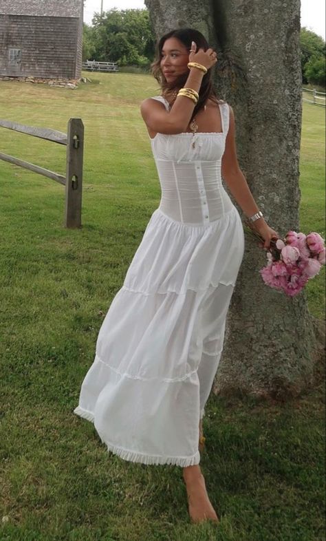 Long Dresses Aesthetic Vintage, Pretty Gown Aesthetic, Latina Aesthetic Outfit Dress, White Sun Dress Aesthetic, Simple White Sundress, Cottage Outfit Summer Casual, Latina Fashion Outfits Summer Dresses, Cute White Sundress, Long Summer Dress Aesthetic