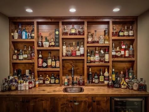 Whiskey Shelf Ideas, Bourbon Shelf Ideas, Home Bourbon Bar, Pub Renovation, Bourbon Shelves, Bar Shelf Ideas, Basement Pub, Back Bar Design, Bar Lounge Room