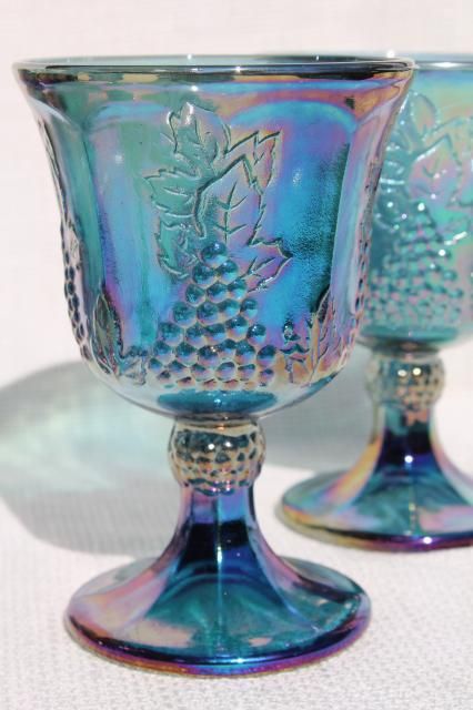 vintage Indiana glass blue carnival iridescent luster wine glasses, harvest grapes goblets Blue Vintage Glassware, Carnival Glass Vintage, Blue Carnival Glass, Blue Glassware Goblet, Carnival Glassware Electric Blue, Carnival Glass Vintage Purple, Cobalt Blue Glassware Vintage, Wedding Decor Style, Antique Dishes