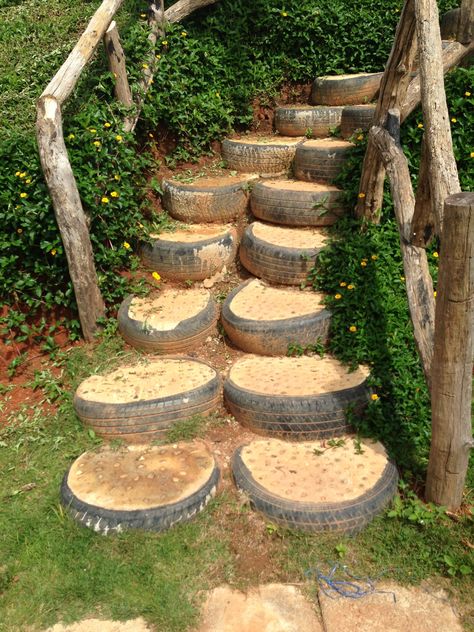 Tyre Steps, Garden Steps Ideas, Evergreen House, Stone Garden Paths, Rustic Stairs, Ideas For Garden, Backyard Kids Play Area, Pathway Landscaping, Rock Garden Design