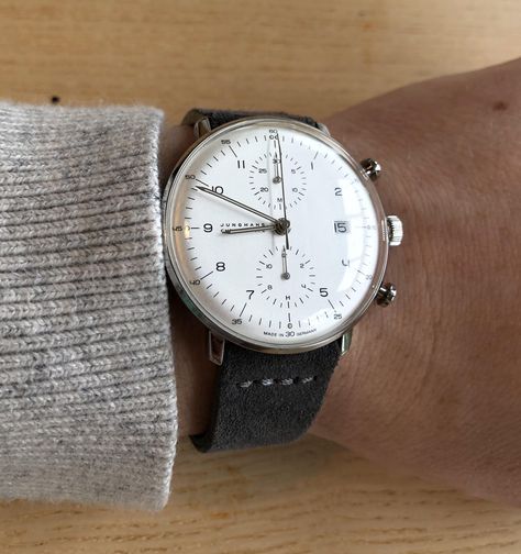 saved by Aphasic_Poet Max Bill Chronoscope, Junghans Max Bill, Minimal Watch, Max Bill, Analog Clock, Man Fashion, Lifestyle Design, Men's Clothes, Gray Suede