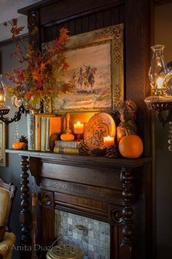 Fall in the Victorian-inspired parlor - Whispering Pines Homestead Victorian Fall Decor Ideas, Victorian Fireplace Decor, Victorian Autumn Decor, Cottagecore Fireplace Mantle, Fall Decor Maximalist, English Country Fall Decor, English Cottage Fall Decor, Vintage Autumn Decor, Victorian Fall Decor