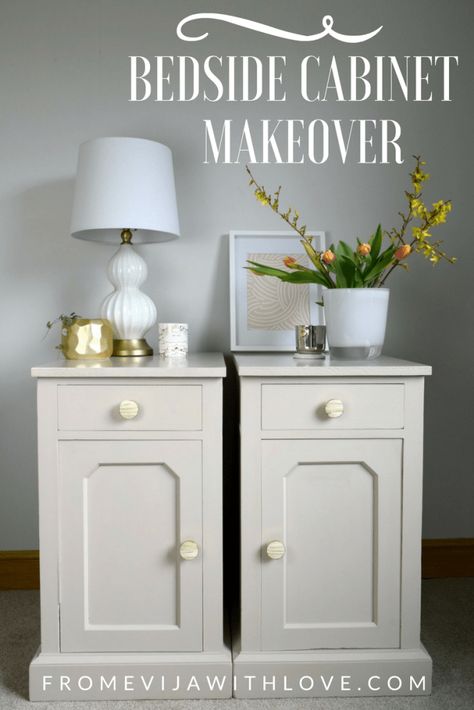 Turning Old and Damaged Bedside Cabinets into Beautiful Pieces using Decoart Satin Enamel Paint in Warm White and Natural Beige.- From Evija with Love Modern Classic Living Room, Hall Furniture, Bedside Cabinets, Classic Living Room, Cabinet Makeover, Neutral Living Room, Americana Decor, Painting Furniture Diy, Hand Painted Furniture