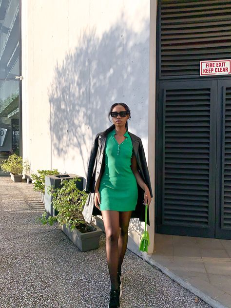 Green mini dress Black coat Stockings Black sneakers Black glasses Green hand bag Mini Dress With Stockings Outfit, Dress With Stockings Outfit, Stockings Outfit, Black Glasses, Dress With Stockings, Green Hand, Green Mini Dress, Mini Dress Black, Black Sneakers