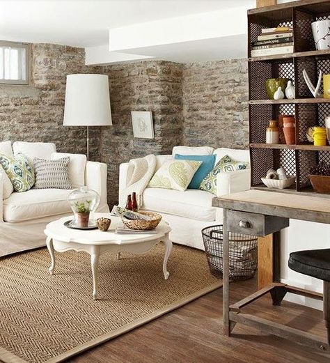 Stone Basement, Centsational Style, Stone Cabin, Remodeling Trends, White Slipcovers, Patterned Pillows, Slipcover Sofa, White Couch, Sofa Slipcovers