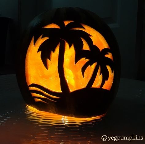 Sunset Pumpkin Carving, Beachy Pumpkin Carving, Pumpkin Carving Ideas Outer Banks, Hawaiian Pumpkin Carving, Beach Theme Pumpkin Carving, Tropical Pumpkin Carving Ideas, Surf Pumpkin Carving, Palm Tree Pumpkin Carving, Beach Pumpkin Carving