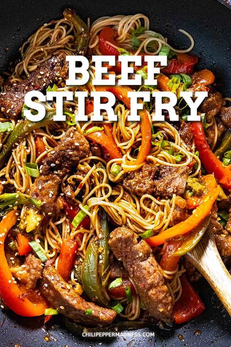 Beef Stir Fry Recipe - This beef stir fry recipe is quick and easy to make with juicy strips of beef stir fried with peppers and broccoli and a spicy stir fry sauce that is loaded with flavor. One of our favorites. Spicy Beef Stir Fry, Spicy Stir Fry Sauce, Spicy Stir Fry, Beef Stir Fry Recipe, Steak Stirfry Recipes, Beef Noodle Stir Fry, Beef Stir Fry Recipes, Easy Stir Fry Recipes, Asian Stir Fry