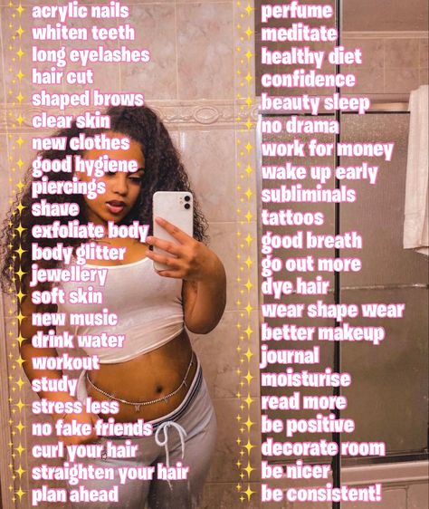 Baddie Glow Up Checklist, Baddie Self Care Shopping List, Baddie Tips Self Care, How To Care Less, Self Care Products Hygiene List, Baddie Body Aesthetic, Glow Up Tips Black Women, Baddie Must Haves, Baddie Checklist