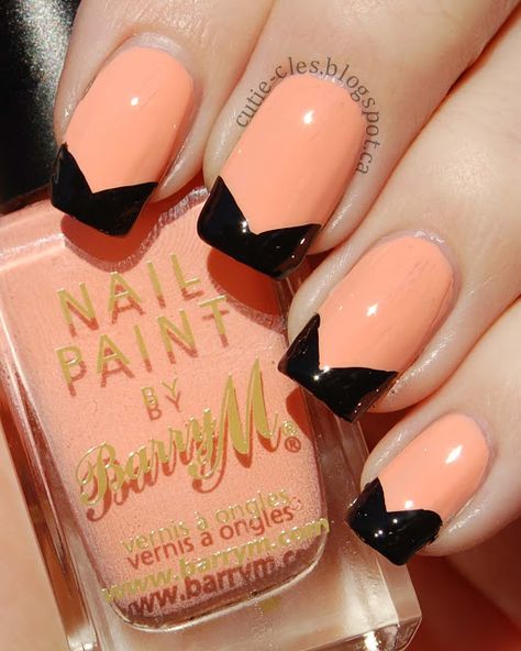 ♥♥♥ Nails With Black Tips, M Nails, Nails With Black, Peach Paint, Peach Melba, Black Tips, Love Nail Art, Peach Nails, Prom 2015