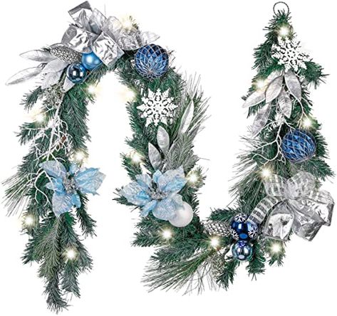 Pre Lit Christmas Garland, White Christmas Garland, Silver Garland, Blue Garland, Christmas Lights Garland, Christmas Wreaths With Lights, Artificial Christmas Garland, Holiday Blues, Winter Wonderland Christmas