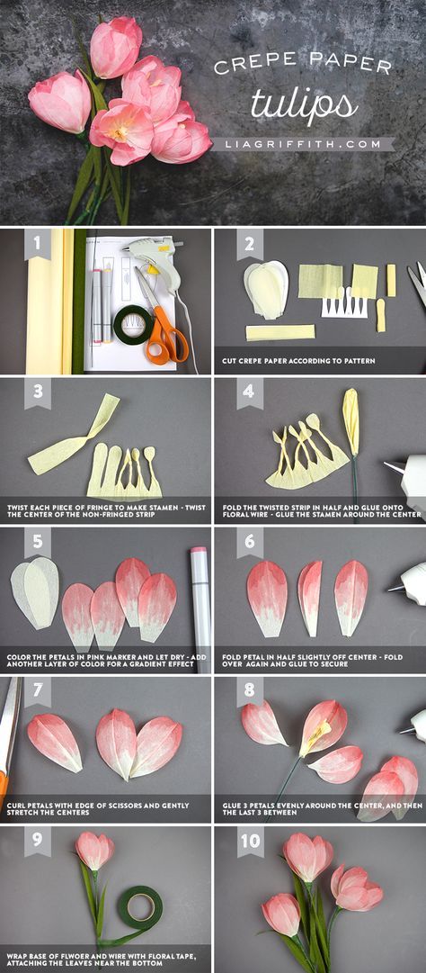 Crepe Paper Tulips How To Make Beautiful Paper Flowers, Lia Griffith Paper Flowers, Crepe Flower Template, Tulips Diy Crafts, Handmade Tulips Flower, Diy Crepe Flowers, Tulip Paper Flower Diy, How To Make Paper Tulips, Diy Tulips Paper