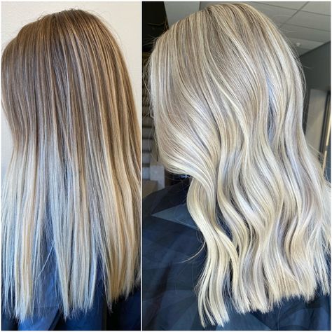 Before And After Balayage Blonde, Balayage Hair Blonde Babylights, Heavy Icy Blonde Highlights, Micro Foils Blonde, Full Highlights Blonde Before After, Full Blonde Babylights, Vanilla Blonde Babylights, Full Head Highlights Before And After, Full Highlight Before And After