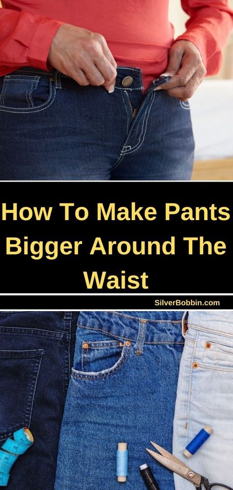 You can make your pants bigger around the waist using either stretching or sewing techniques. The easiest way to widen the waistband of your pants is to stretch the fabric to make it looser. You can also make more permanent alterations with scissors and a sewing machine. Pant Waist Alteration, How To Make Pants Waist Bigger, How To Adjust Waist On Pants, How To Loosen Pants Waist, Jeans Bigger Waist How To Make, Let Out Pants Waist, Making Pants Bigger In Waist, How To Fix Pants Waist Too Small, Add Gusset To Pants