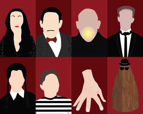 Adams Family Illustration, Addams Family Cartoon Art, Wednesday Addams Canvas Painting, Addams Family Silhouette, Adams Family Painting, Adams Family Characters, The Adams Family Cartoon, Adams Family Nail Art, Adams Family Drawing