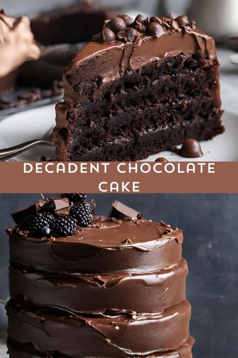 Satisfy your chocolate cravings with this Decadent Chocolate Cake! Moist, rich layers of chocolate cake generously coated with creamy chocolate frosting. A true indulgence for any celebration or simply as a sweet treat. 🍫🎂 #ChocolateCake #DecadentDesserts #CelebrationCakes #myskinnyrecipes Big Chocolate Birthday Cake, Yummy Chocolate Cake Recipes, Epic Chocolate Cake, Chocolate Simple Syrup, Unique Chocolate Cake, Chocolate On Chocolate Cake, Dutch Chocolate Cake, Brownie Chocolate Cake, Chocolate Chocolate Chip Cake