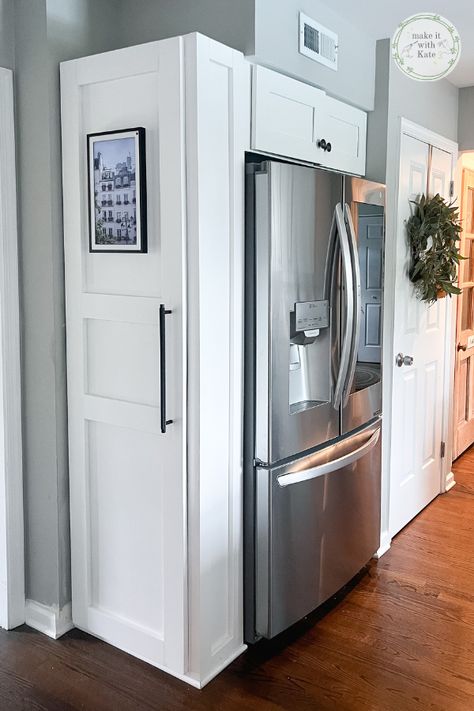 How to Build a Refrigerator Surround Cabinet - Make it with Kate Refrigerator Cabinet Ideas, Built In Refrigerator Ideas, Fridge Cabinet Surround, Refrigerator Cabinet Surround, Cabinets Around Fridge, Diy Refrigerator Cabinet, Storage Cabinet Design, Cabinet Design Kitchen, Refrigerator Cabinets